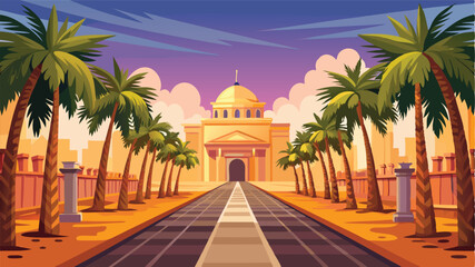Aufkleber - Beautiful vector illustration of a palm tree lined pathway leading to a majestic building during sunset with a vibrant sky and warm colors