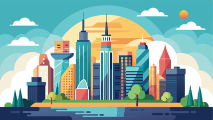 Poster - Creative vector illustration of a vibrant city skyline with modern buildings, colorful clouds, and a bright rainbow backdrop, perfect for urban themed projects or decorations