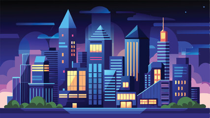 Aufkleber - Modern city skyline at night with illuminated buildings, colorful clouds, and a crescent moon in the sky