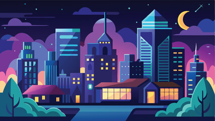 Aufkleber - Modern city skyline at night with illuminated buildings, colorful clouds, and a crescent moon in the sky
