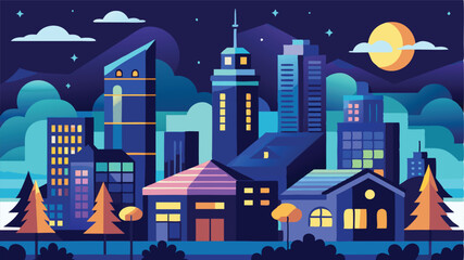 Aufkleber - Modern city skyline at night with illuminated buildings, colorful clouds, and a crescent moon in the sky