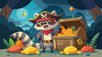 Poster - Vector illustration of a charming raccoon pirate standing by a treasure chest filled with gold coins on a whimsical background of clouds and ships