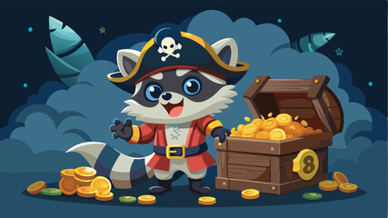 Poster - Vector illustration of a charming raccoon pirate standing by a treasure chest filled with gold coins on a whimsical background of clouds and ships