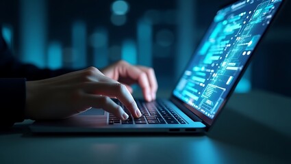 person coding futuristic interface on laptop under dim light and digital background