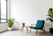 © Daniel - A living room with a blue chair and two potted plants.