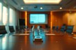 © NikoG - Conference light meeting room design with tv in office with glass portions and blurred office people in motion blur
