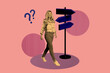 © deagreez - Contemporary artwork collage of happy girl walk road sign pointer direction lost confusion development idea question mark