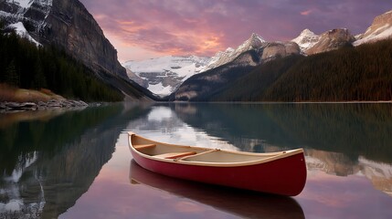 Naklejka na meble Serene Canoe on Calm Lake Surrounded by Majestic Mountains