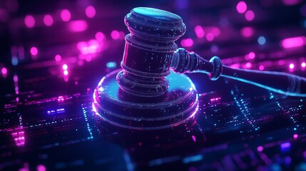 Wall Mural - cyber law gavel digital justice neon lights abstract technology 3d pink blue dark glow data code