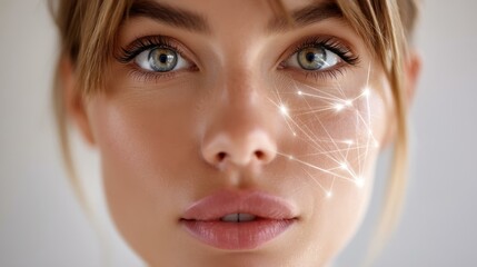 Wall Mural - a closeup of a young womans face, adorned with glowing white lines, illustrating technology and conn