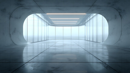 Aufkleber - 3D render of abstract futuristic glass architecture with empty concrete floor