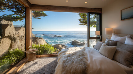 Poster - A bedroom with a large window overlooking the ocean
