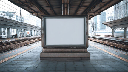 Leinwandbilder - A blank empty canvas poster screen board hanging on a wall at a railway station
