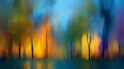 Poster - A colorful abstract painting of a blurred background with trees, ai
