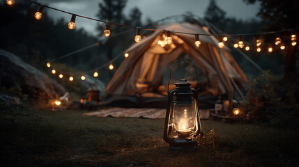 Poster - A cozy camping scene featuring glowing lantern and warm tent surrounded by trees, soft light from string lights creates serene atmosphere, perfect for relaxation