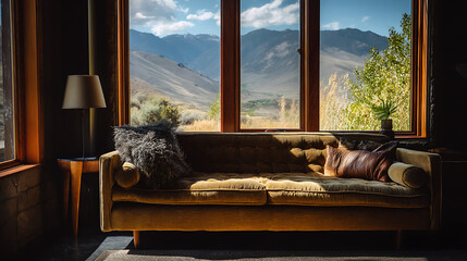 Aufkleber - A couch sitting in front of a window with mountains in the background