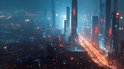 Aufkleber - A futuristic city at night with many lights