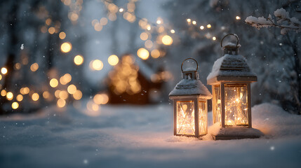 Poster - A serene winter scene featuring two lanterns glowing softly in snow, surrounded by frosty landscape and twinkling lights, this image captures warmth and magic of holiday season