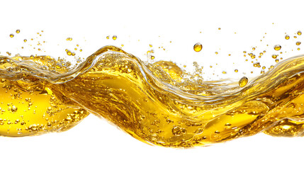 Poster - A stunning image of glistening golden oil with captivating ripples and sparkling bubbles that is set against a clean white background perfect for copy space