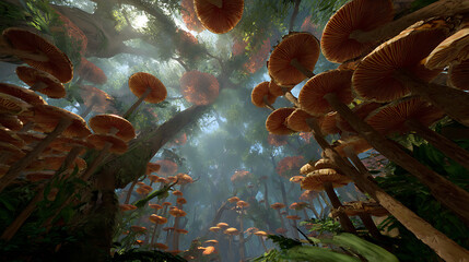 Poster - A virtual reality experience of a forest with mushrooms and plants, ai