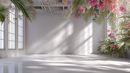 Poster - A white studio background is available for product presentation, the room is empty with window shadows, flowers, and palm leaves, it is a 3d room with copy space, the backdrop is blurred, creating