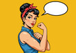 © meeblues - Empowering vector pop art flat illustration of a strong pin-up woman flexing her arm. Retro style with a speech bubble, symbolizing female power and determination. Ideal for feminist designs