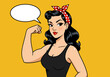 © meeblues - Empowering vector pop art flat illustration of a strong pin-up woman flexing her arm. Retro style with a speech bubble, symbolizing female power and determination. Ideal for feminist designs