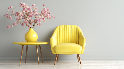 Aufkleber - A yellow chair and table with a vase isolated