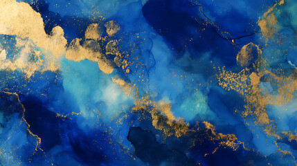 Poster - Abstract art background dominated by deep blue and gold paint tones