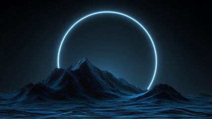 Fototapete - Abstract blue desktop wallpaper background with snow mountains and neon light circle round line water waves, dark black blue theme, 16, 9 aspect ratio