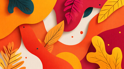 Aufkleber - Abstract flat autumn background, colorful geometric shapes with fall colors, orange and red leaves in a modern fluid shape, ideal autumn backdrop or web banner