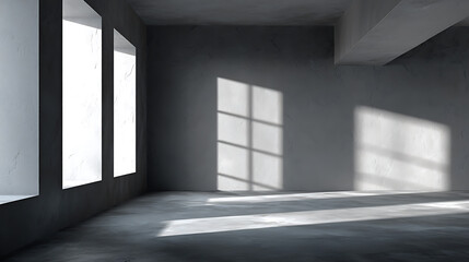 Aufkleber - Abstract, minimalistic background for product presentation, walls in large empty room greyish white, can full of sunlight, loft wall or minimalist wall, shadow, light from windows to plaster wall