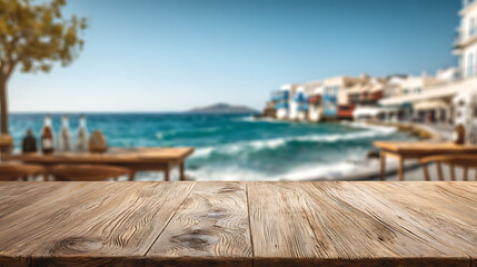Poster - An empty wooden tabletop with a blurry view of a coastal cafe and the coastline of a gorgeous greek island, vacation concept, to install your product, digital art
