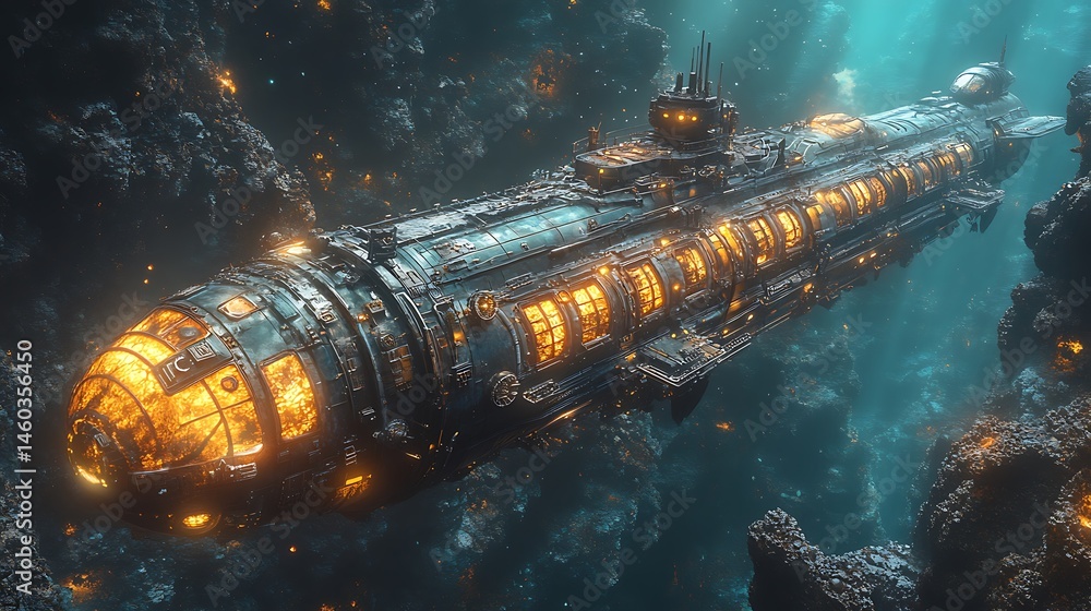 Futuristic Submarine Exploring Deep Sea Caves With Glowing Windows High ...