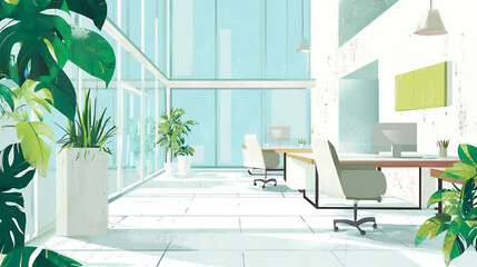 Poster - Bright and clean office environment, abstract background, bright office with green plants and large windows