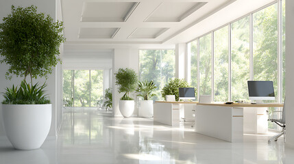 Poster - Bright and clean office environment, abstract background, bright office with green plants and large windows