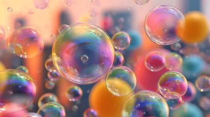 Leinwandbilder - Big soap colorful bubbles, blur summer background