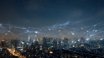 Fototapete - Big data connection technology, cityscape telecommunication and communication network concept, smart city and digital transformation