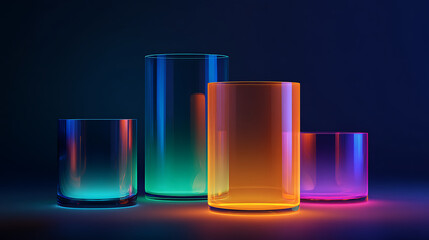 Leinwandbilder - Background of glasses glass cylinder object form with neon colour light abstract 3d object backdrop template design ideas