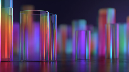 Aufkleber - Background of glasses glass cylinder object form with neon colour light abstract 3d object backdrop template design ideas