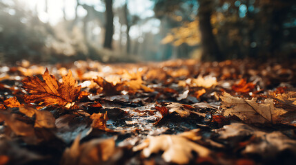 Poster - Autumn leaves laying out in the field of forest, selective focus