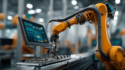 Leinwandbilder - Arm robot working with screen monitor control industrial machine robot arm line, smart modern factory automation using advanced machines, industrial 4, 0 manufacturing process