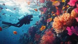 Colorful coral reef scene with divers exploring underwater.