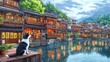 © Cartoon - Dog at river town scene