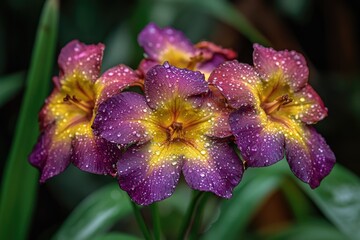 Wall Mural - Vibrant purple and yellow flowers adorned with glistening dewdrops, a stunning display of nature's beauty.
