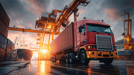Aufkleber - Container truck in ship port for business logistics and transportation of container cargo ship and cargo plane with working crane bridge in shipyard at sunrise, logistic import export and transport