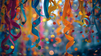 Fototapete - Confetti and paper streamer as party decoration
