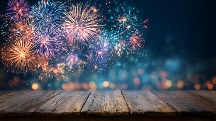 Aufkleber - Colorful fireworks display over empty wood table with copy space