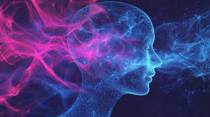 Wall Mural - abstract digital head profile with pink and blue energy waves art mesh idea data flow neon glow line
