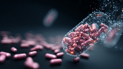 Wall Mural - abstract medicine capsules digital network technology illustration 3d red art drug data dark pills